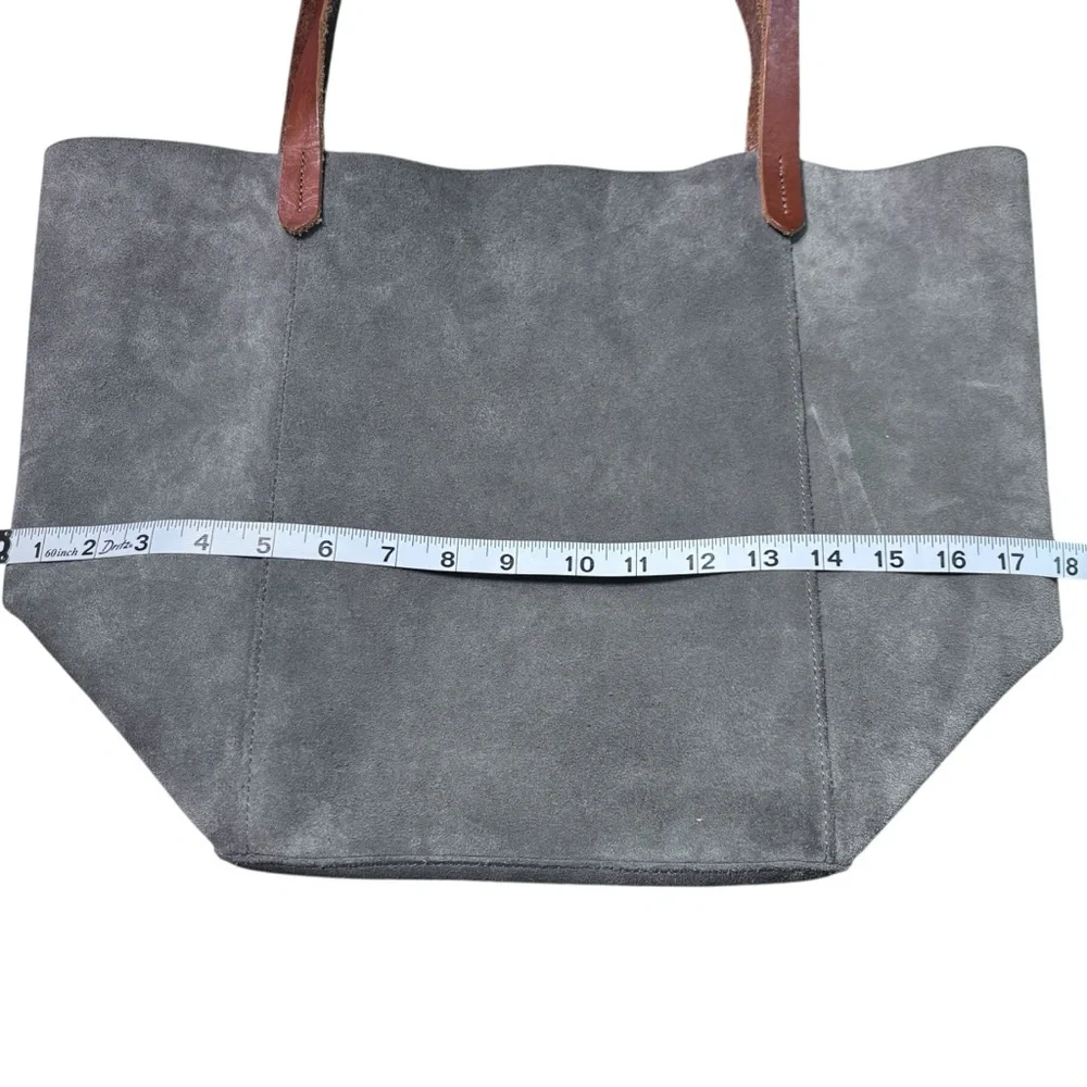 Mark And Graham Large Gray Suede Leather Purse Tote Brown Strap Shopper Bag